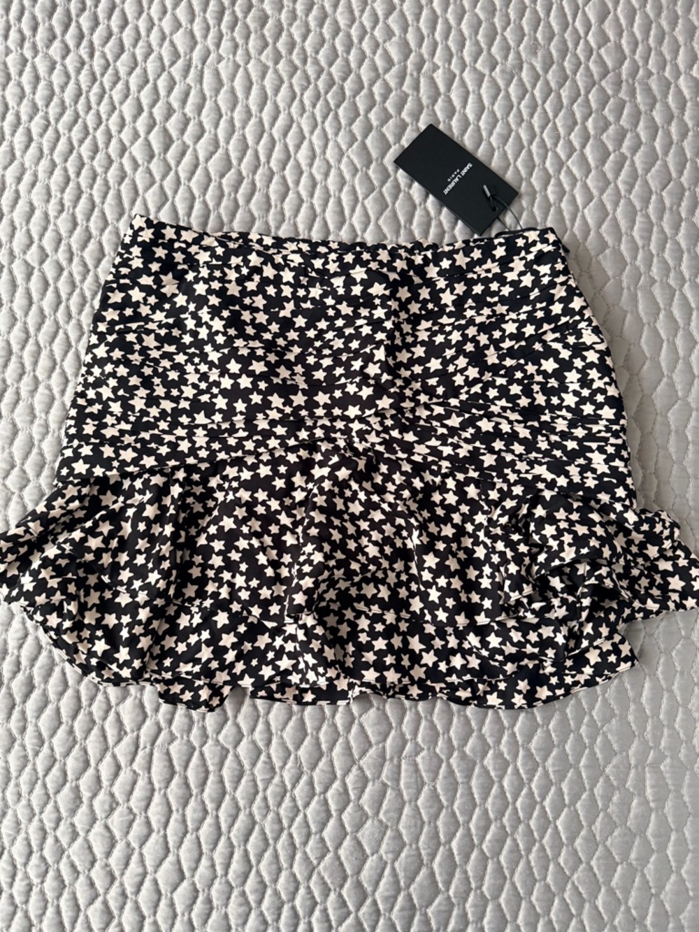 Saint Laurent Black Mini Skirt with White Star Print and Ruffle Hem